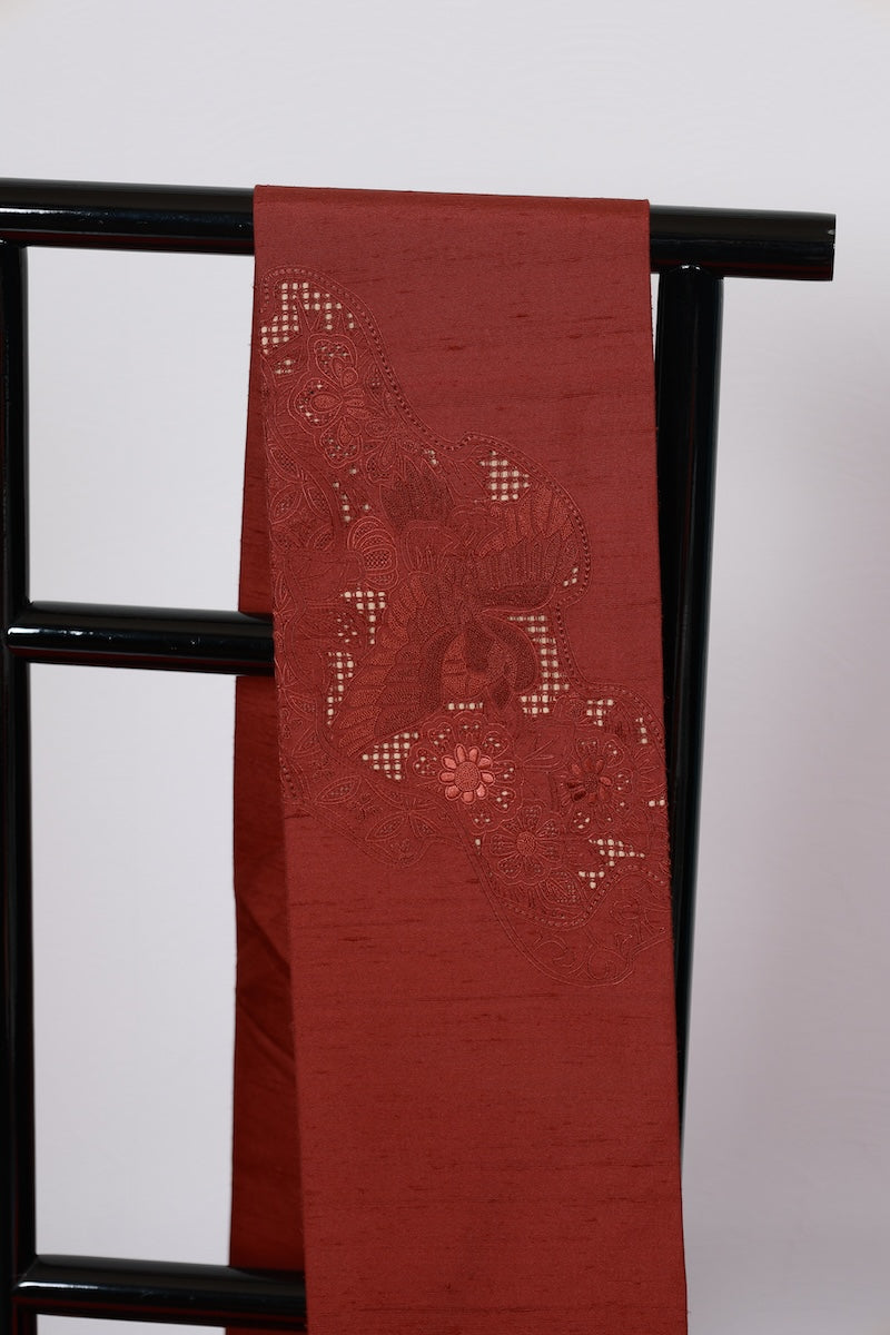 Nagoya-obi sash belt tsumugi flower bird pre-owned /AZ94