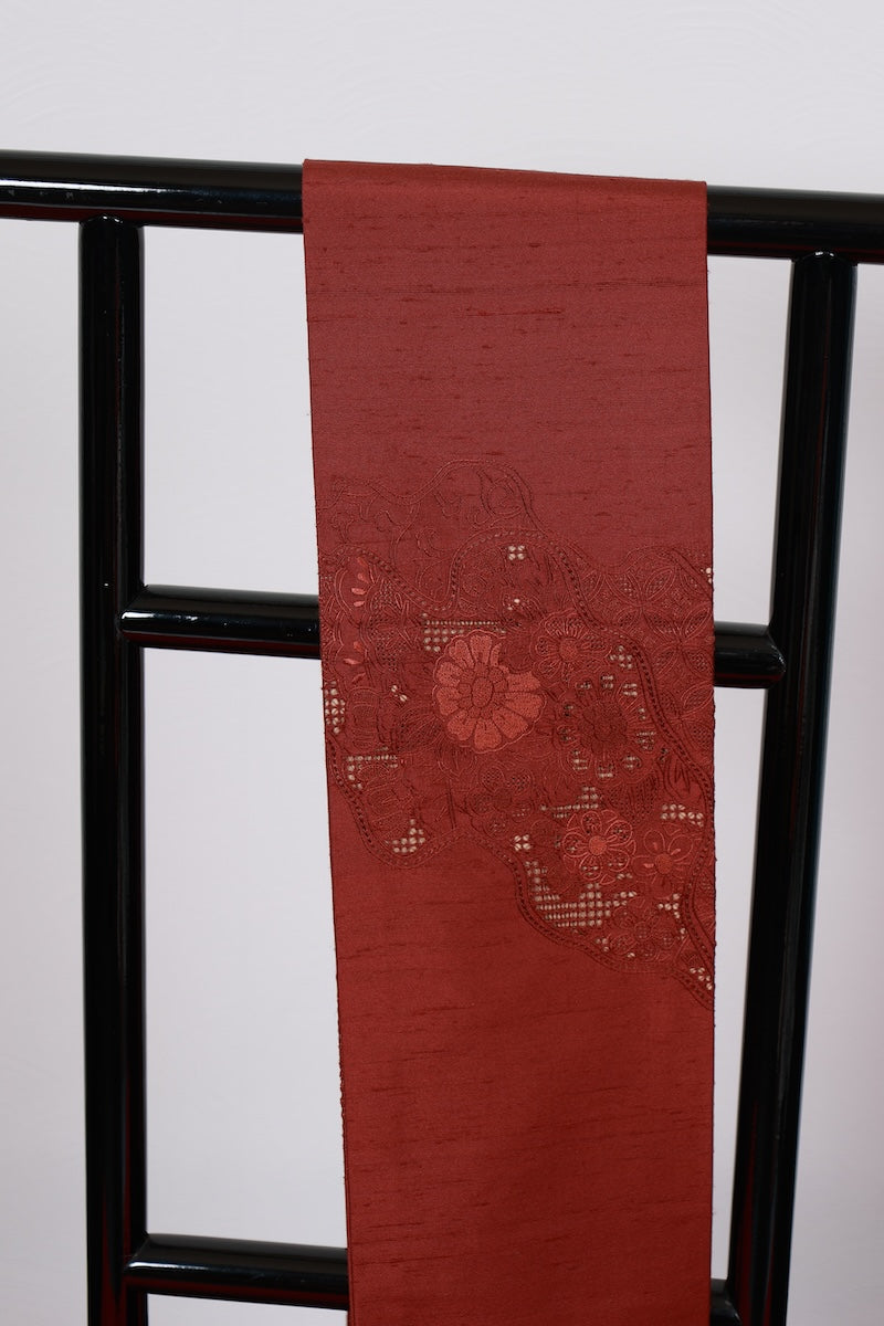 Nagoya-obi sash belt tsumugi flower bird pre-owned /AZ94