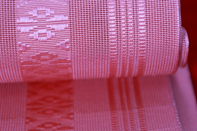 Nagoya obi (sash), brand new, unused, Hakata weave, sheer fabric, Kenjo pattern, shades of cherry blossom pink, B1539