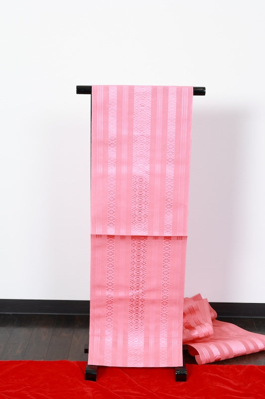 Nagoya obi (sash), brand new, unused, Hakata weave, sheer fabric, Kenjo pattern, shades of cherry blossom pink, B1539