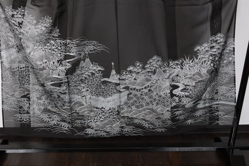 Summer black formal kimono used (Kurotomesode), black with silver accents, Chaya-tsuji pattern, embroidered, five crests of bellflowers (B1555