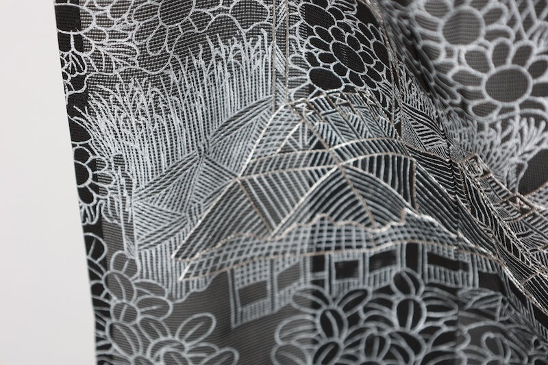 Summer black formal kimono used (Kurotomesode), black with silver accents, Chaya-tsuji pattern, embroidered, five crests of bellflowers (B1555
