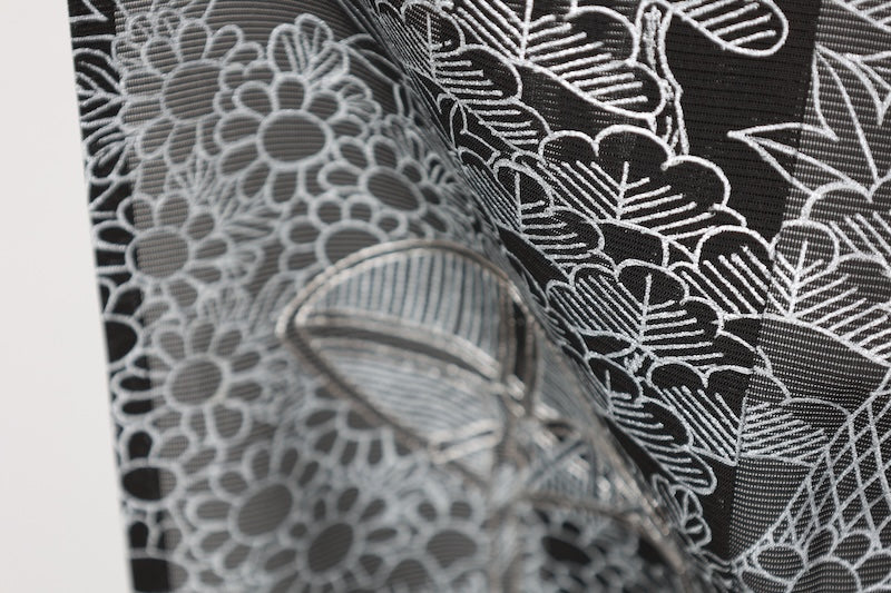 Summer black formal kimono used (Kurotomesode), black with silver accents, Chaya-tsuji pattern, embroidered, five crests of bellflowers (B1555