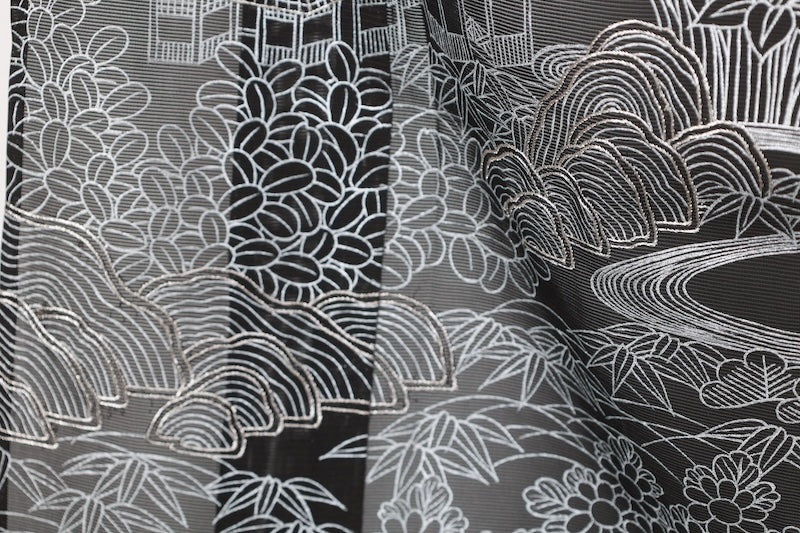 Summer black formal kimono used (Kurotomesode), black with silver accents, Chaya-tsuji pattern, embroidered, five crests of bellflowers (B1555