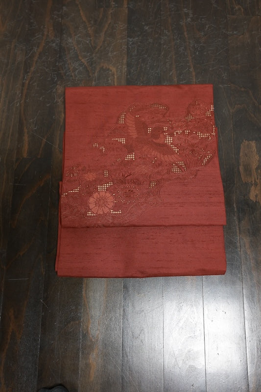 Nagoya-obi sash belt tsumugi flower bird pre-owned /AZ94