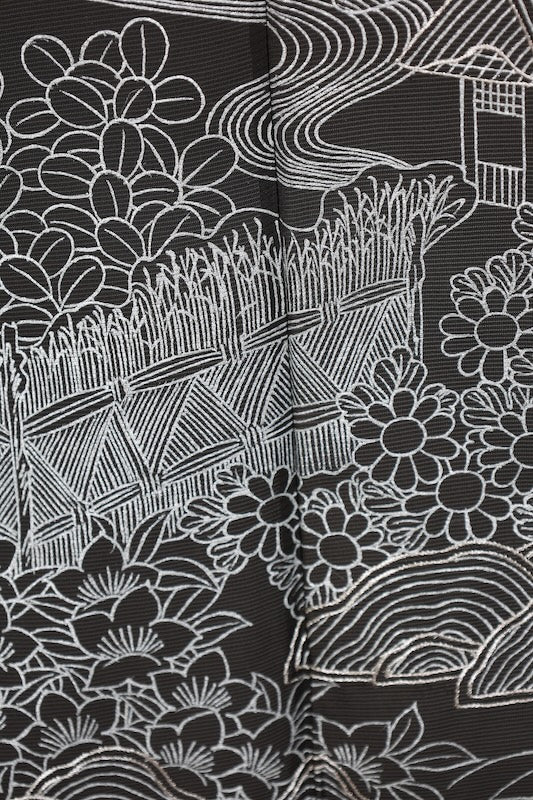 Summer black formal kimono used (Kurotomesode), black with silver accents, Chaya-tsuji pattern, embroidered, five crests of bellflowers (B1555
