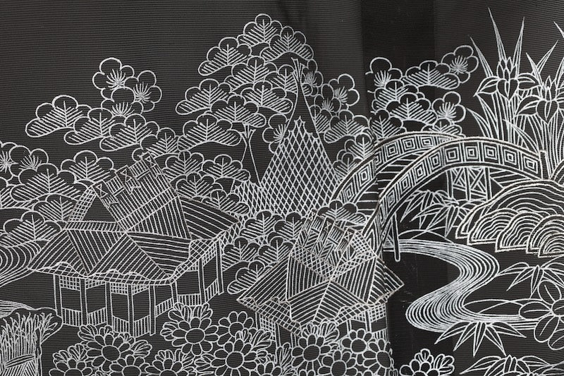 Summer black formal kimono used (Kurotomesode), black with silver accents, Chaya-tsuji pattern, embroidered, five crests of bellflowers (B1555
