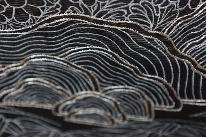 Summer black formal kimono used (Kurotomesode), black with silver accents, Chaya-tsuji pattern, embroidered, five crests of bellflowers (B1555