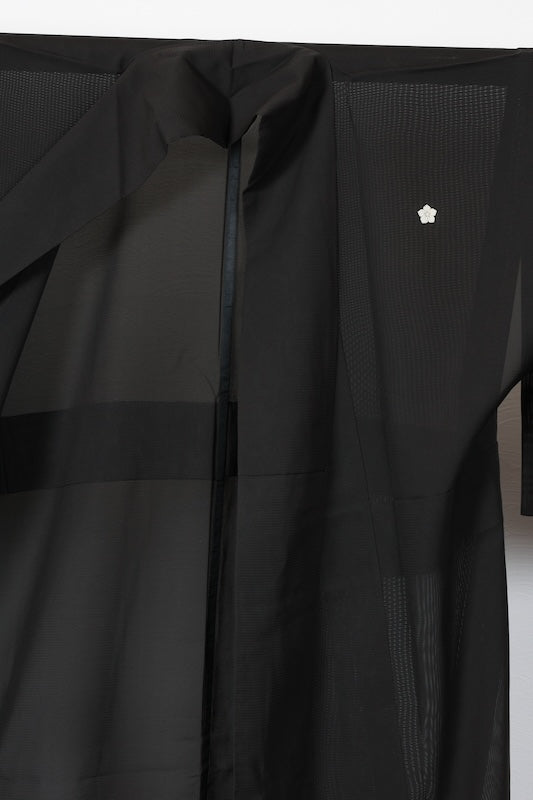 Summer black formal kimono used (Kurotomesode), black with silver accents, Chaya-tsuji pattern, embroidered, five crests of bellflowers (B1555