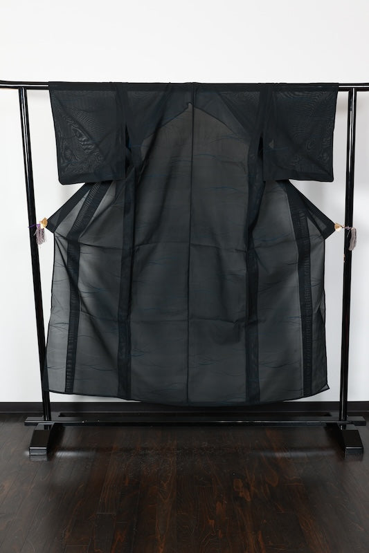 Summer Komon used (kimono) - Black and Indigo, Monsha (shawl fabric), Dewdrop pattern, B1554