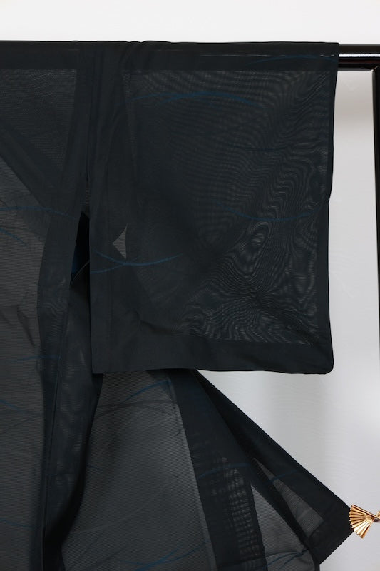 Summer Komon used (kimono) - Black and Indigo, Monsha (shawl fabric), Dewdrop pattern, B1554