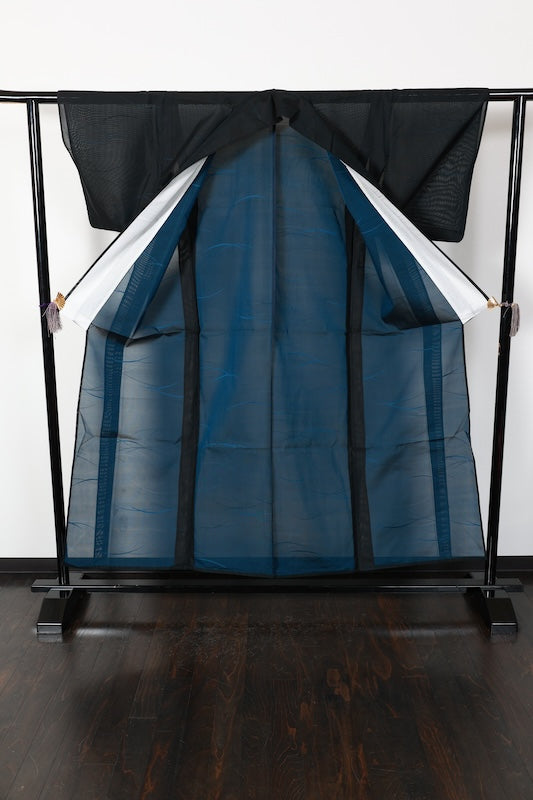 Summer Komon used (kimono) - Black and Indigo, Monsha (shawl fabric), Dewdrop pattern, B1554