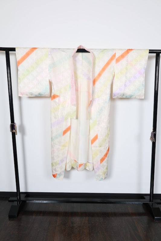 Nagajuban (long under-kimono) white pink green bule pre-owned /AZ123