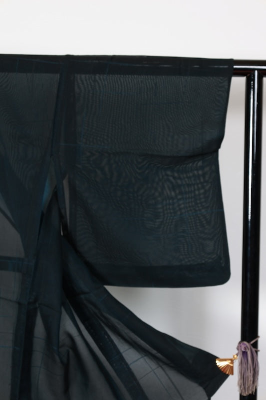 Summer kimono used, Nishijin weave, patterned gauze, black and blue, broken check pattern, B1556
