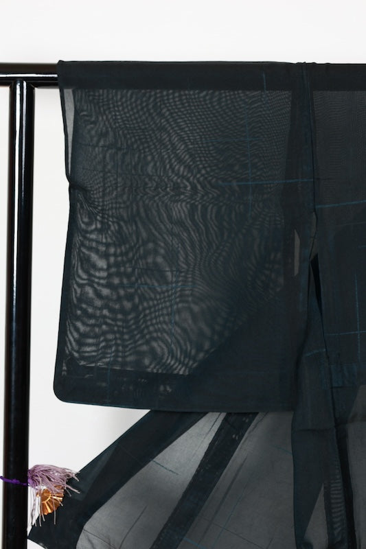 Summer kimono used, Nishijin weave, patterned gauze, black and blue, broken check pattern, B1556