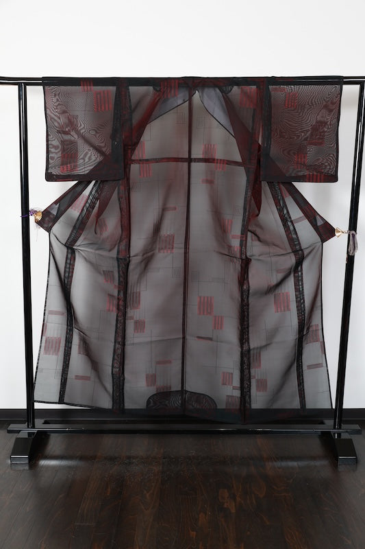 Summer kimono used, Nishijin weave, patterned gauze, black and red, Genji incense pattern, B1552