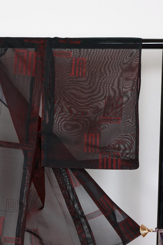 Summer kimono used, Nishijin weave, patterned gauze, black and red, Genji incense pattern, B1552
