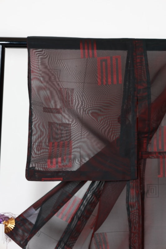 Summer kimono used, Nishijin weave, patterned gauze, black and red, Genji incense pattern, B1552