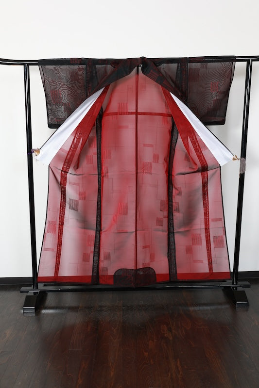 Summer kimono used, Nishijin weave, patterned gauze, black and red, Genji incense pattern, B1552