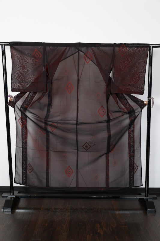 Summer kimono, brand new, unused, Nishijin weave, patterned gauze, black and red diamond pattern, B1547