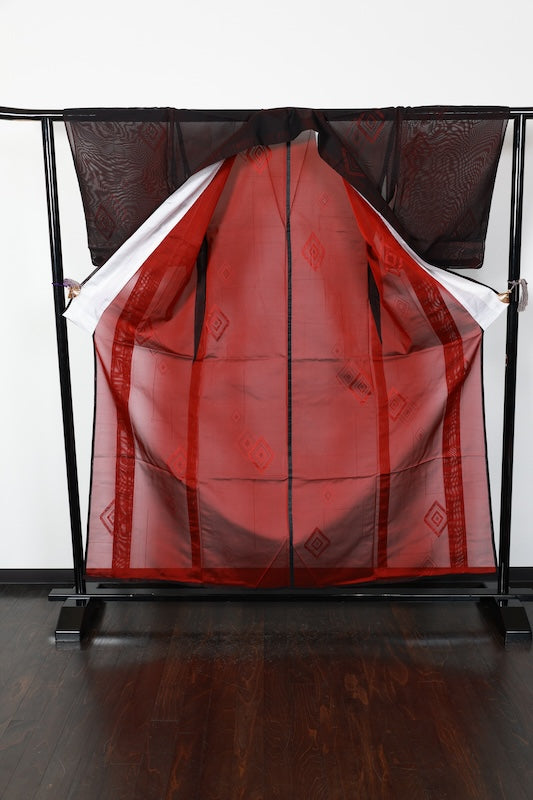 Summer kimono, brand new, unused, Nishijin weave, patterned gauze, black and red diamond pattern, B1547