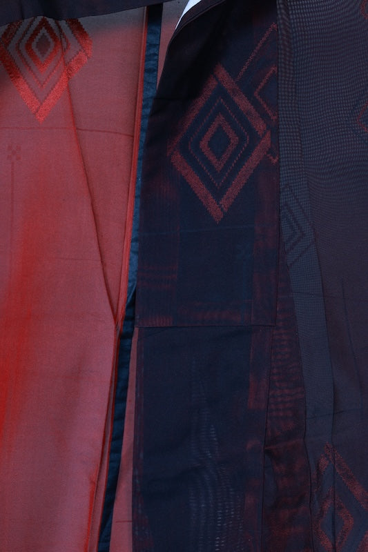 Summer kimono, brand new, unused, Nishijin weave, patterned gauze, black and red diamond pattern, B1547