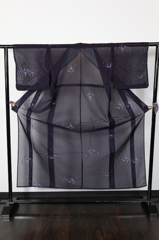 Summer Komon used (kimono), Nishijin weave, patterned gauze, eggplant purple, original landscape design, B1544