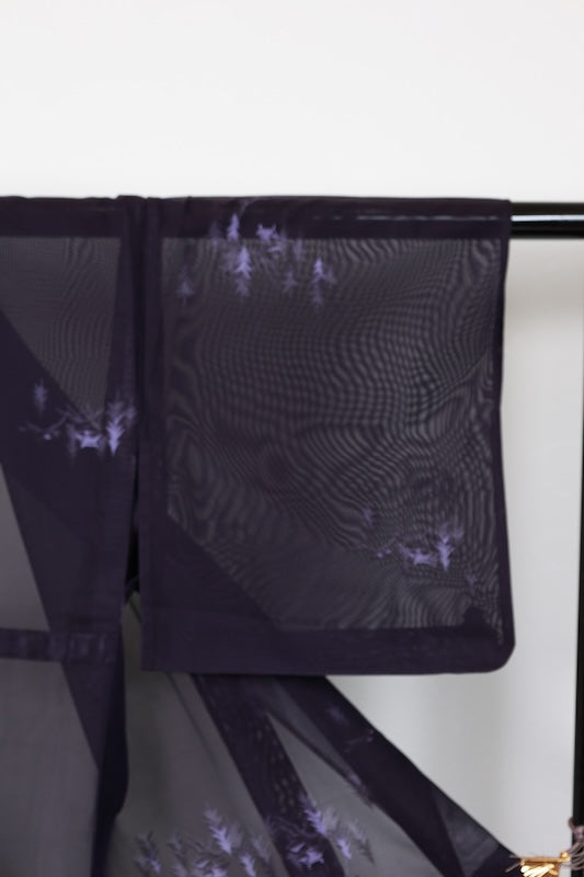 Summer Komon used (kimono), Nishijin weave, patterned gauze, eggplant purple, original landscape design, B1544