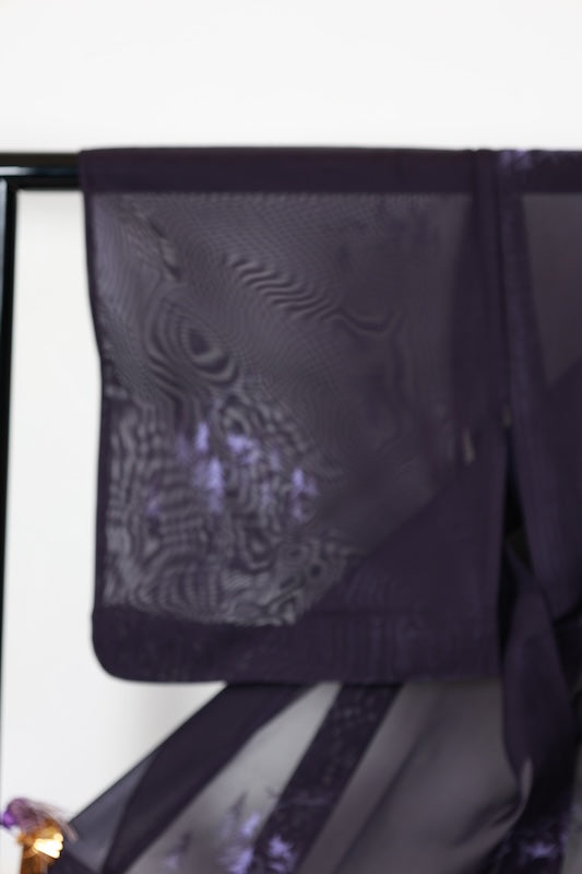 Summer Komon used (kimono), Nishijin weave, patterned gauze, eggplant purple, original landscape design, B1544