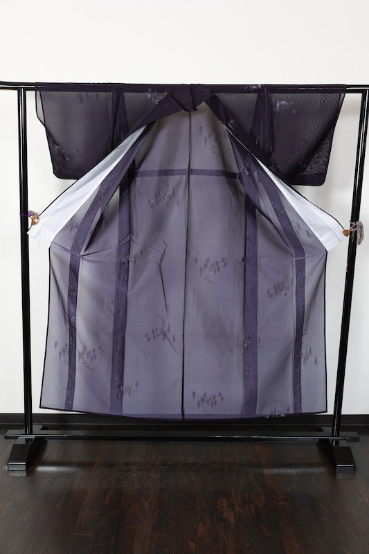 Summer Komon used (kimono), Nishijin weave, patterned gauze, eggplant purple, original landscape design, B1544