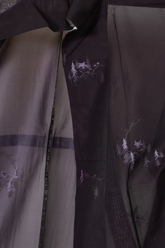 Summer Komon used (kimono), Nishijin weave, patterned gauze, eggplant purple, original landscape design, B1544
