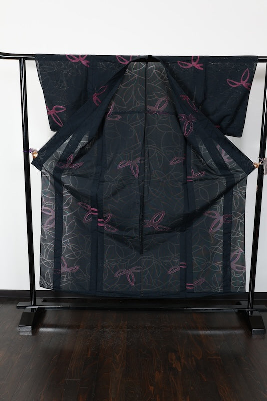 Summer kimono used, Nishijin weave, figured gauze, black and grape color, abstract pattern, B1546