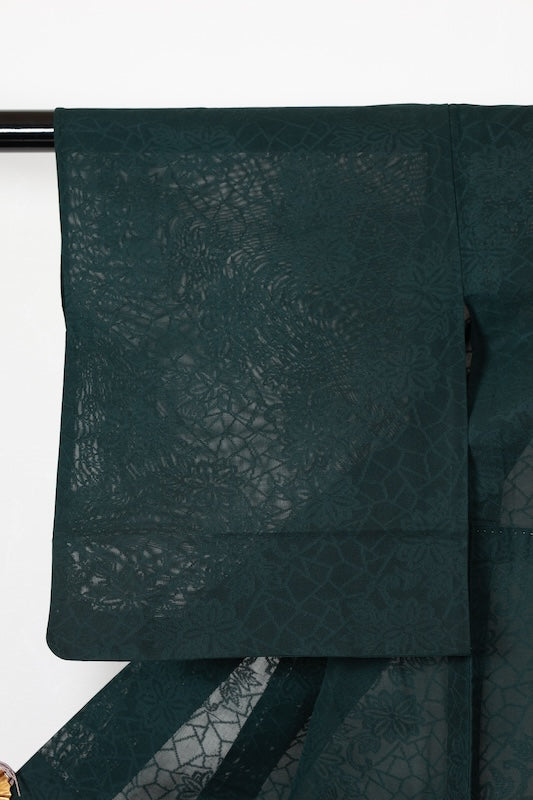 Summer Komon used ( kimono ), Nishijin weave, patterned gauze, green, floral pattern, B1545