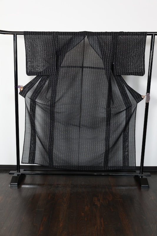 Summer kimono used, sheer fabric, black and coral color, geometric pattern, B1551