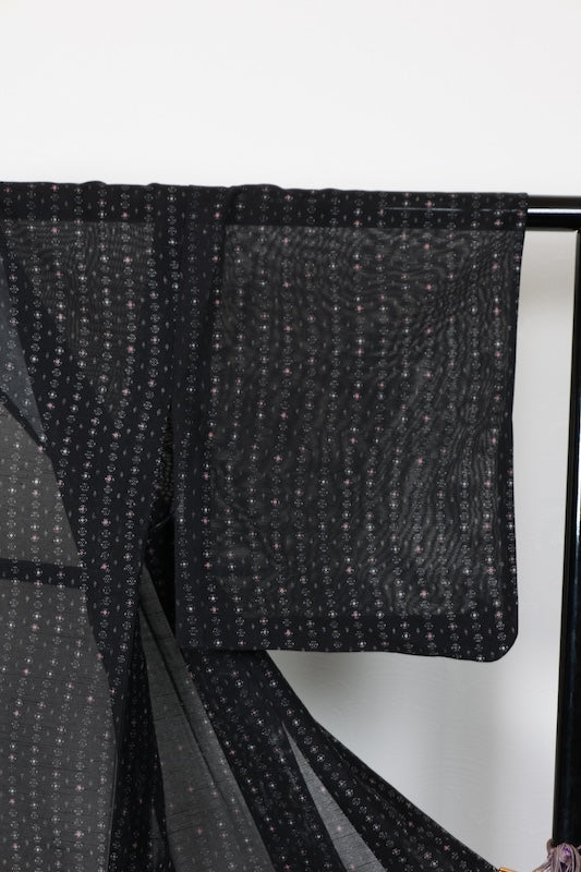 Summer kimono used, sheer fabric, black and coral color, geometric pattern, B1551
