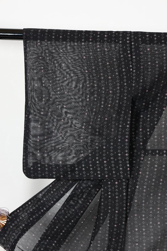 Summer kimono used, sheer fabric, black and coral color, geometric pattern, B1551
