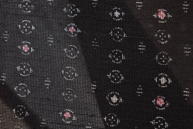 Summer kimono used, sheer fabric, black and coral color, geometric pattern, B1551