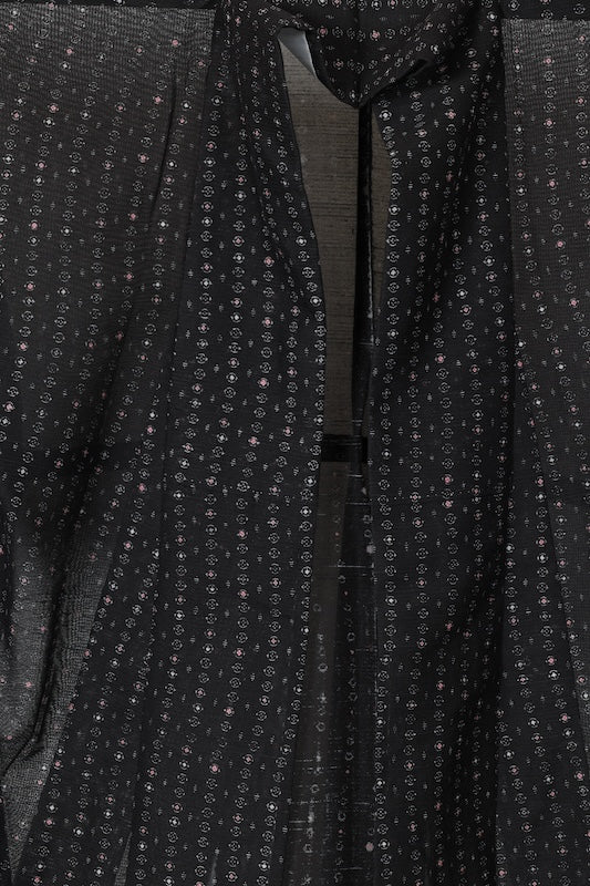 Summer kimono used, sheer fabric, black and coral color, geometric pattern, B1551