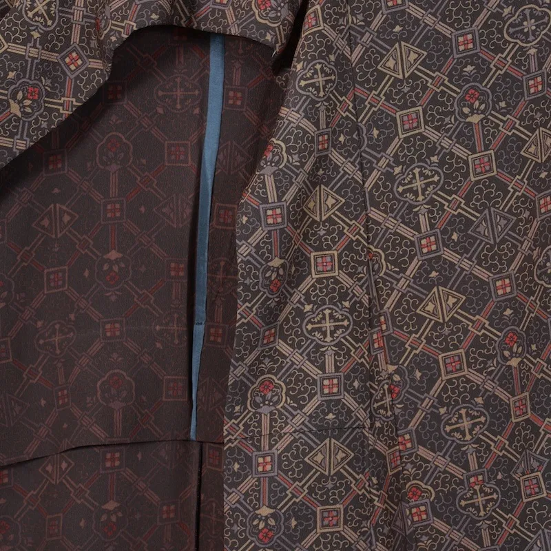 Japan used kimono fabric, brown, mustard yellow, purple, burgundy, arabesque pattern, T14