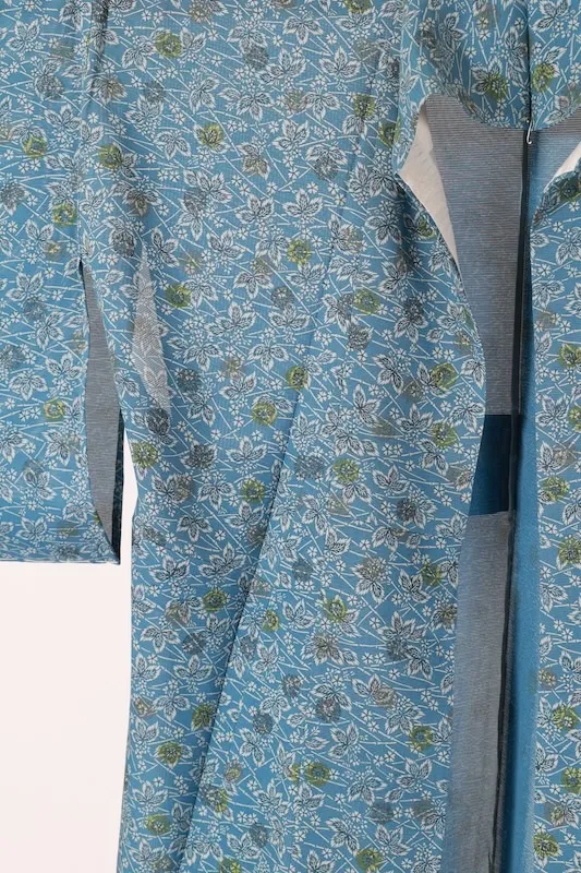 Japan Summer Komon (used kimono), ro (black), blue, green, white, small floral pattern, L64
