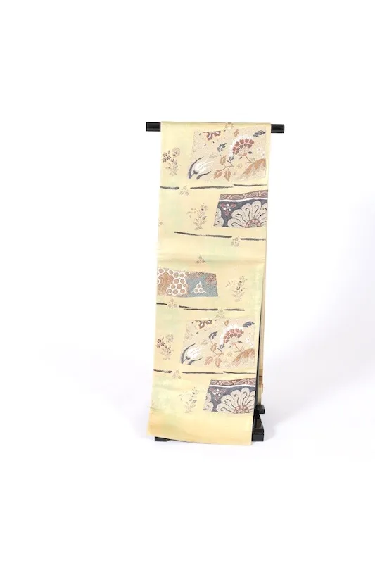 Neuer, ungenähter Fukuro-Obi (formeller Gürtel), Kanokoi-Muster, Gold, Braun, Silber, Blau, Tang-Blumenmotiv, Blattgold, L6