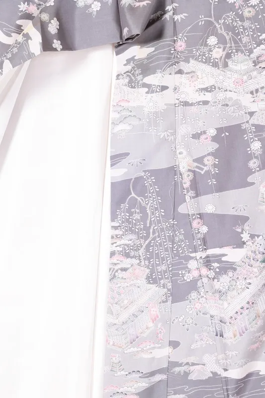 Oshima Tsumugi formal kimono used (houmongi) - shades of gray, black, purple, white, brown, green - Edo period landscape and floral pattern - L111
