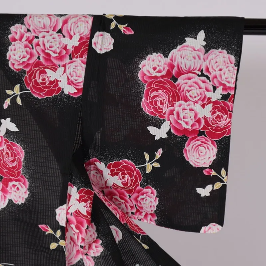 Yukata (Japanese summer used kimono) - Black with roses and red / A28
