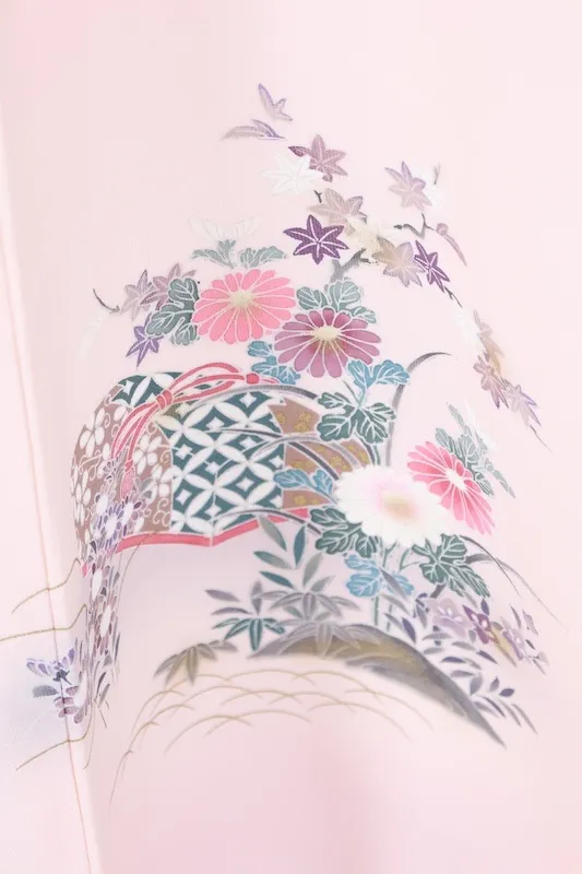 Visiting kimono used, cherry blossom pink, gray, gold, coral red, purple, indigo, green, Kyo-Yuzen dyeing, B1406