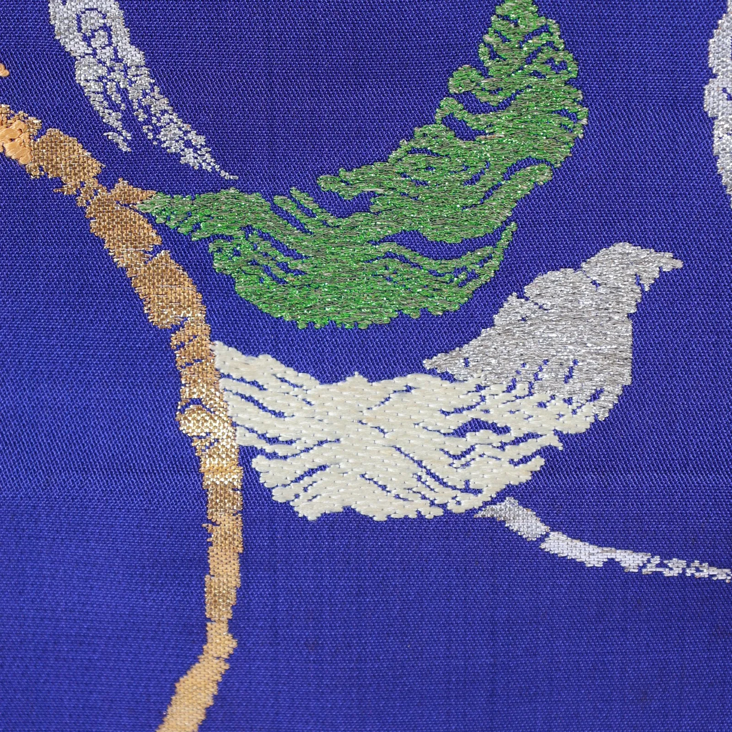 Authentic Fukuro Obi used(formal obi sash), handwoven, brocade, Tatsumura brand, blue, silver, gold, off-white, green V31