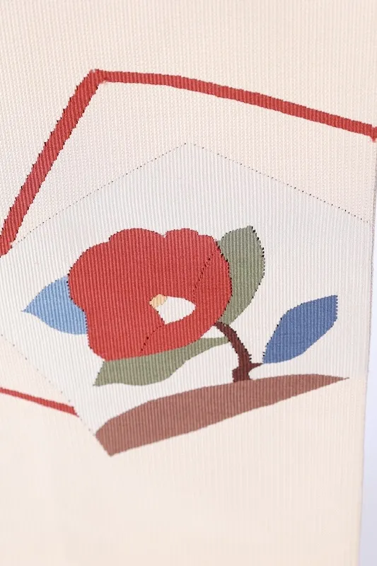 Nagoya obi used (sash) - Beige, brown, green, blue, red, camellia pattern, L53