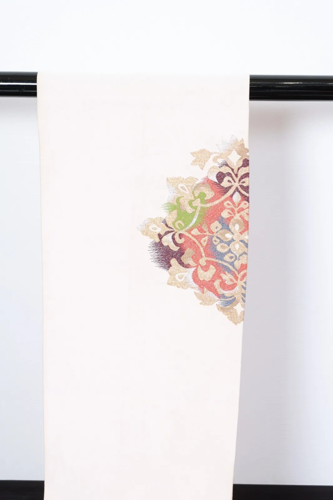 Nagoya Obi(used sash) –  Hon-Tsuzure (Fingernail-woven tapestry weave) – Pale pink, gold, silver, purple, green, blue, and white – Shosoin-style pattern