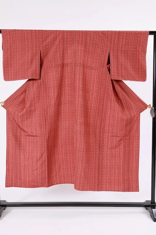 Tsumugi(Japan Pre-loved kimono) – Rust-red, gray, indigo, and yellow stripes (A070)
