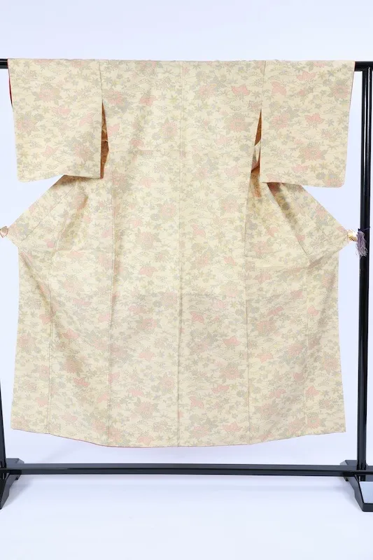 Japan Pre-loved kimono; unbleached white, red, green, and yellow; small floral pattern; A093