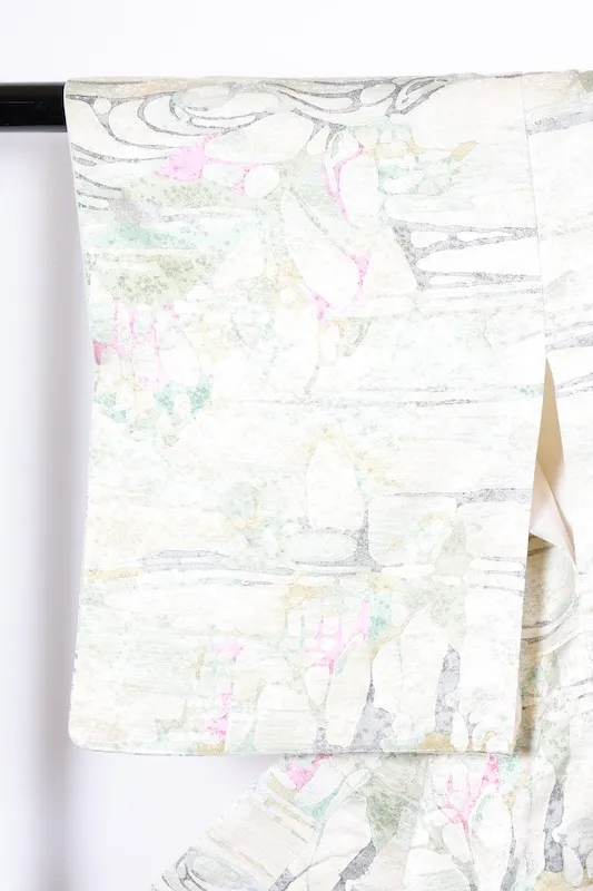 Komon (Japan used kimono fabric) - Off-white, gray, blue, green, wine - Geometric pattern - Batik dyeing - R165